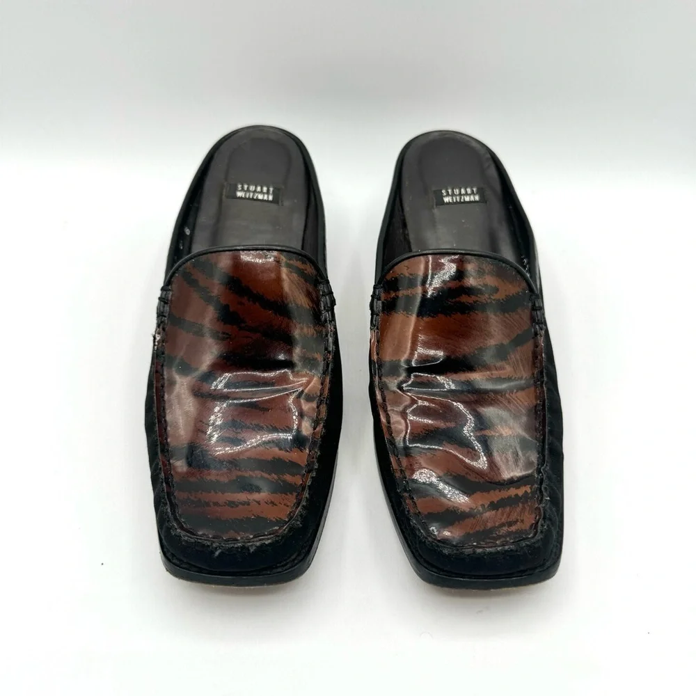STUART WEITZMAN VINTAGE BLACK BROWN SHOE ANIMAL PRINTS SLIP ON SHOE BLOCK HEELS - Picture 7 of 16